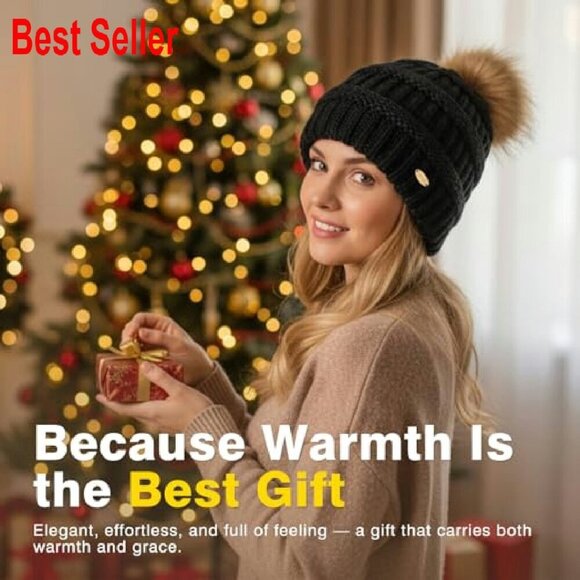 Fleece Lined Merino Wool Beanie Hidden Ponytail Hole Detachable Pom Chic main image 4